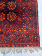 7x10ft Large Old Design Patnus Gul Rug– Turkmen Afghan Wool Carpet with Traditional Geometric Patterns in Rich Navy Blue & Deep Red 6.6x9.8