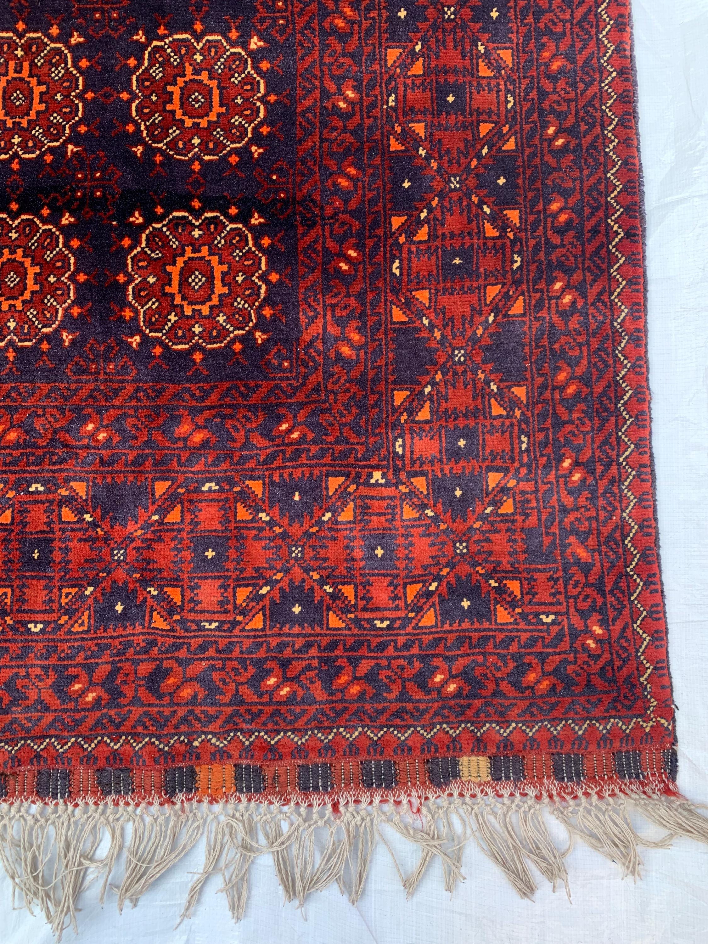 7x10ft Large Old Design Patnus Gul Rug– Turkmen Afghan Wool Carpet with Traditional Geometric Patterns in Rich Navy Blue & Deep Red 6.6x9.8