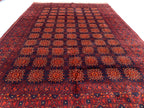 7x10ft Large Old Design Patnus Gul Rug– Turkmen Afghan Wool Carpet with Traditional Geometric Patterns in Rich Navy Blue & Deep Red 6.6x9.8