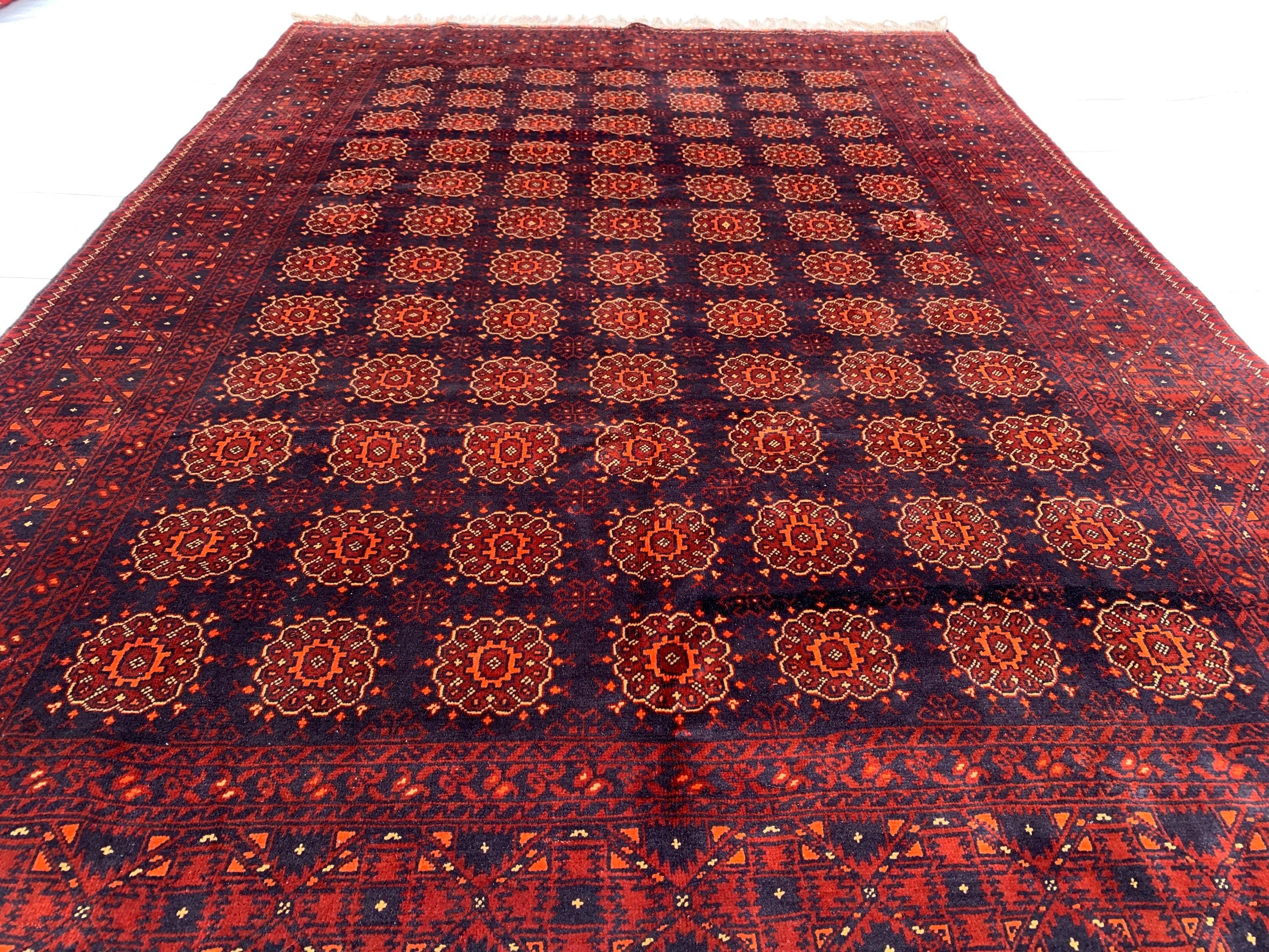 7x10ft Large Old Design Patnus Gul Rug– Turkmen Afghan Wool Carpet with Traditional Geometric Patterns in Rich Navy Blue & Deep Red 6.6x9.8