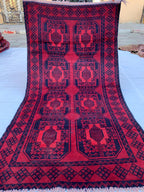 4x7 Vintage Elephant Footprint Rug – Handmade Afghan Wool Carpet with Traditional Tribal Patterns in Rich Navy Blue & Red 3.5x6.7 ft,