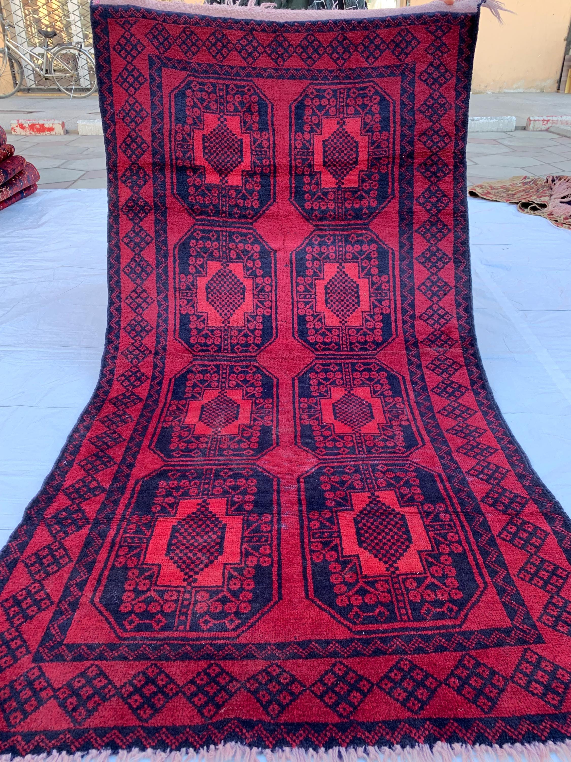 4x7 Vintage Elephant Footprint Rug – Handmade Afghan Wool Carpet with Traditional Tribal Patterns in Rich Navy Blue & Red 3.5x6.7 ft,