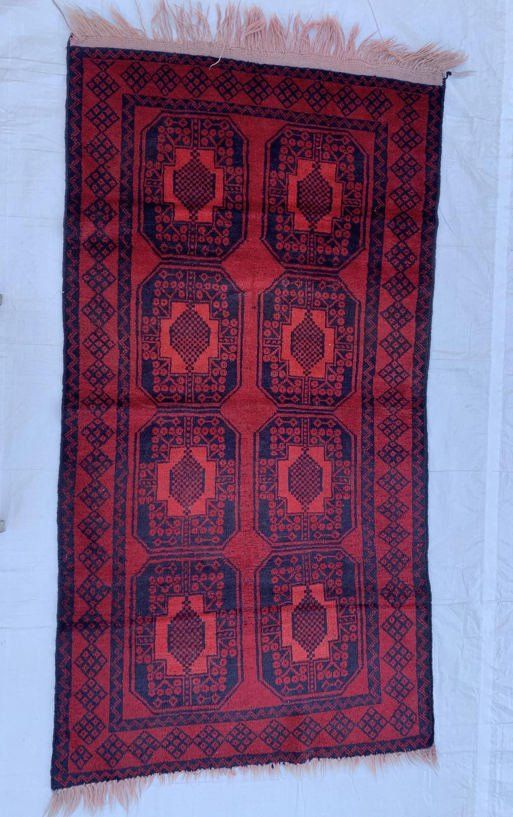 4x7 Vintage Elephant Footprint Rug – Handmade Afghan Wool Carpet with Traditional Tribal Patterns in Rich Navy Blue & Red 3.5x6.7 ft,