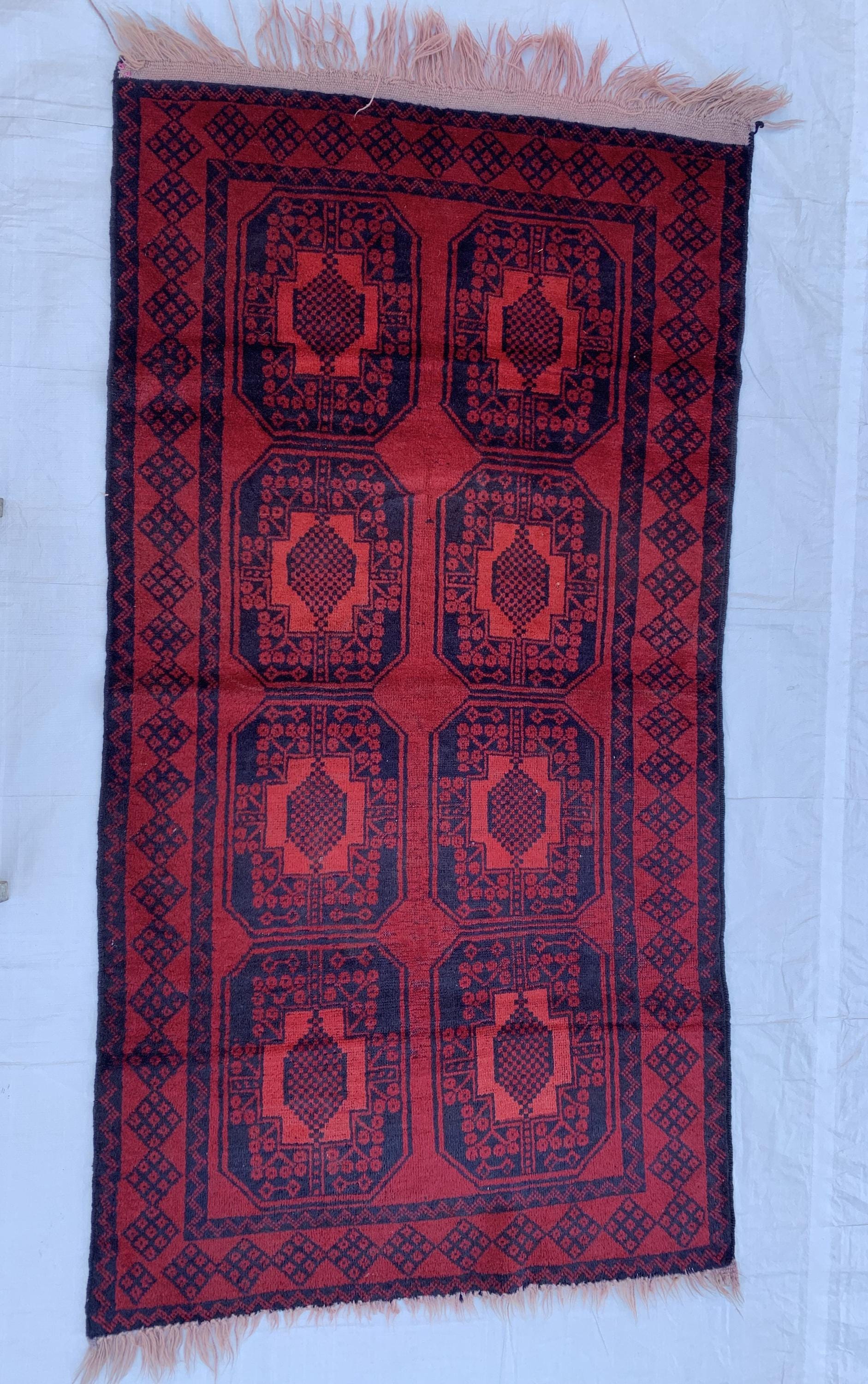 4x7 Vintage Elephant Footprint Rug – Handmade Afghan Wool Carpet with Traditional Tribal Patterns in Rich Navy Blue & Red 3.5x6.7 ft,