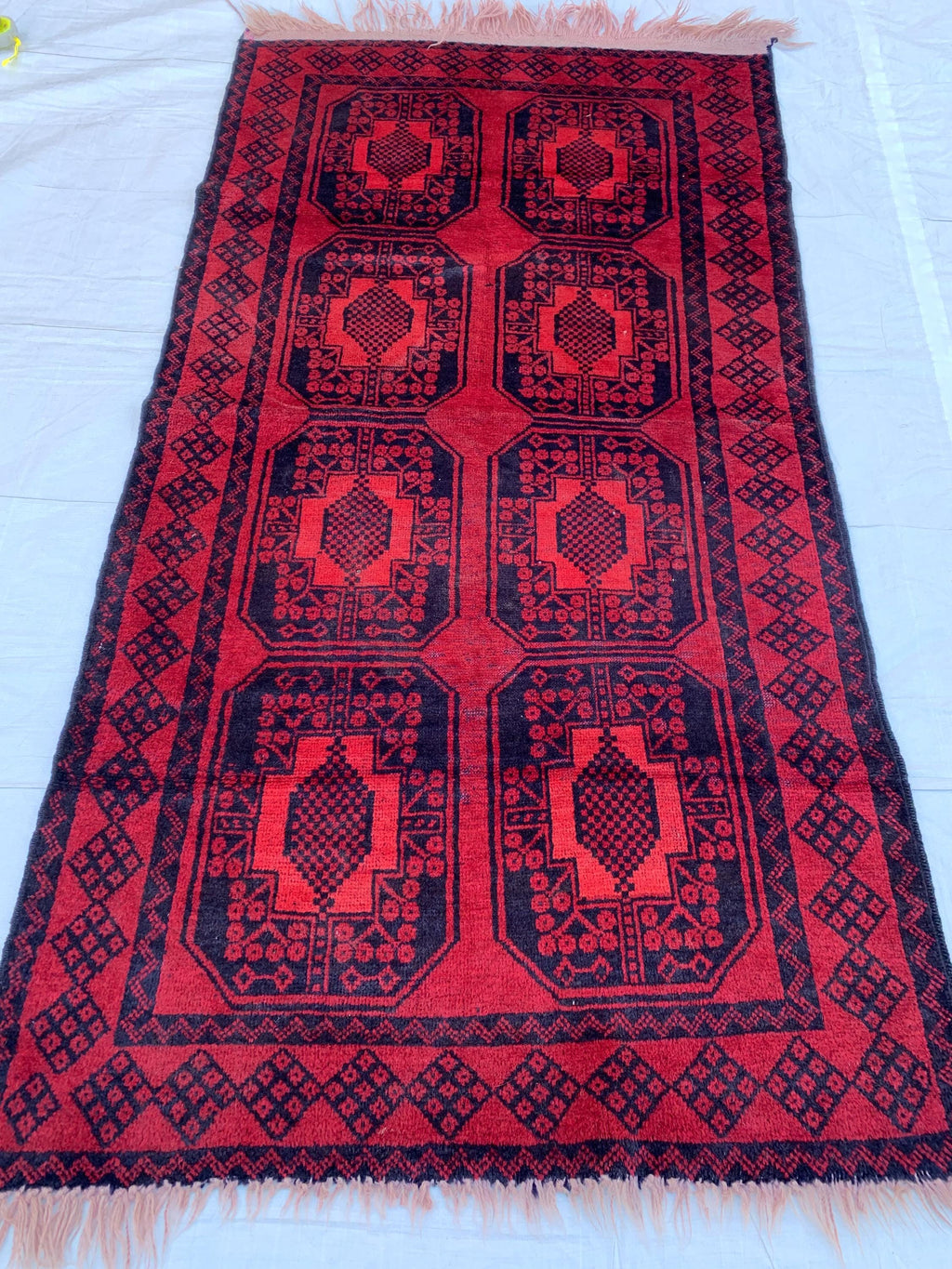 4x7 Vintage Elephant Footprint Rug – Handmade Afghan Wool Carpet with Traditional Tribal Patterns in Rich Navy Blue & Red 3.5x6.7 ft,