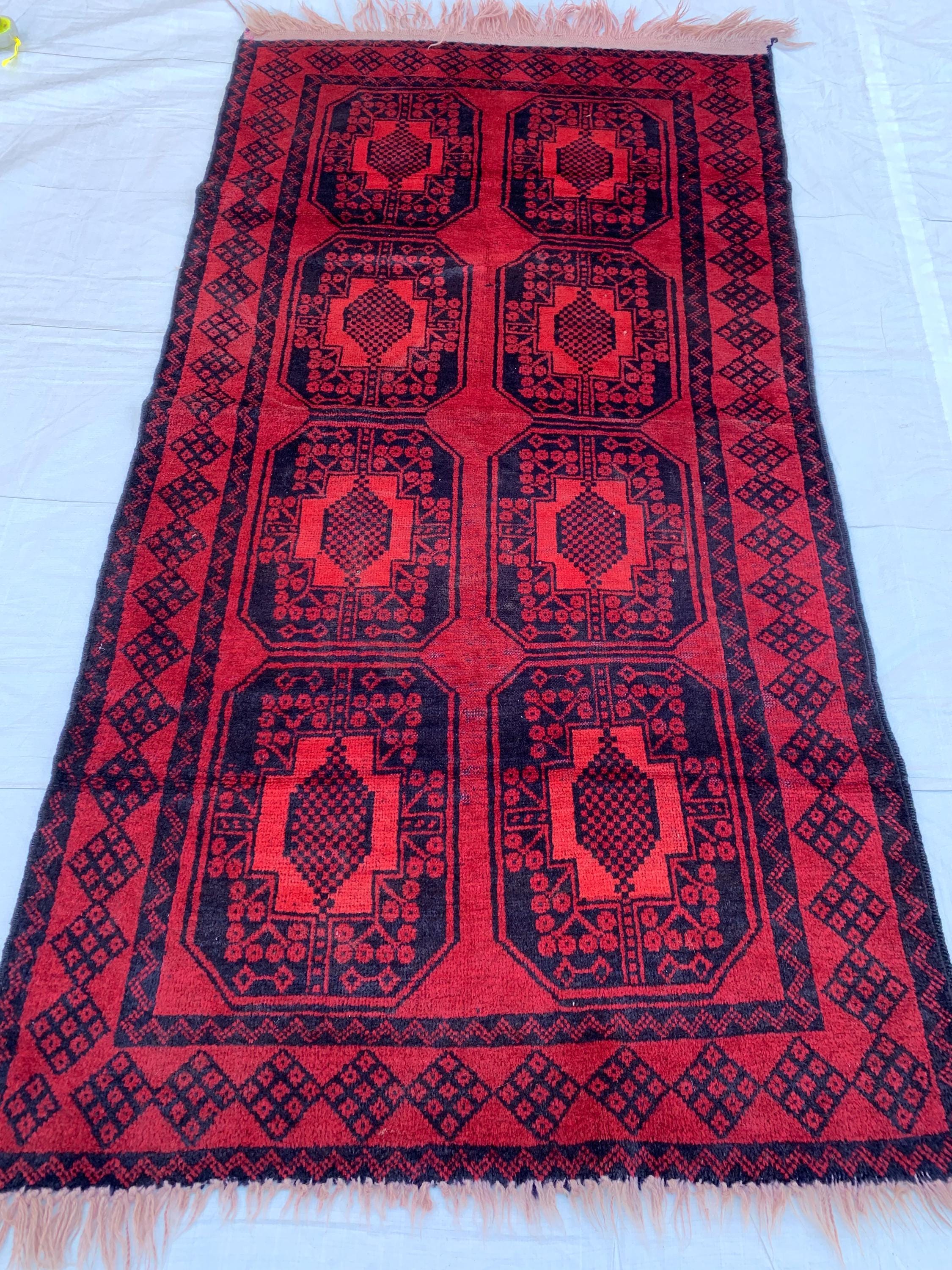 4x7 Vintage Elephant Footprint Rug – Handmade Afghan Wool Carpet with Traditional Tribal Patterns in Rich Navy Blue & Red 3.5x6.7 ft,