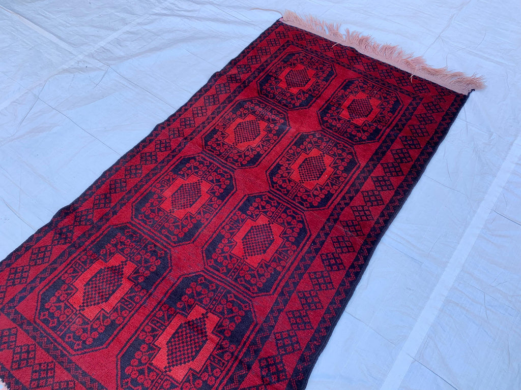 4x7 Vintage Elephant Footprint Rug – Handmade Afghan Wool Carpet with Traditional Tribal Patterns in Rich Navy Blue & Red 3.5x6.7 ft,