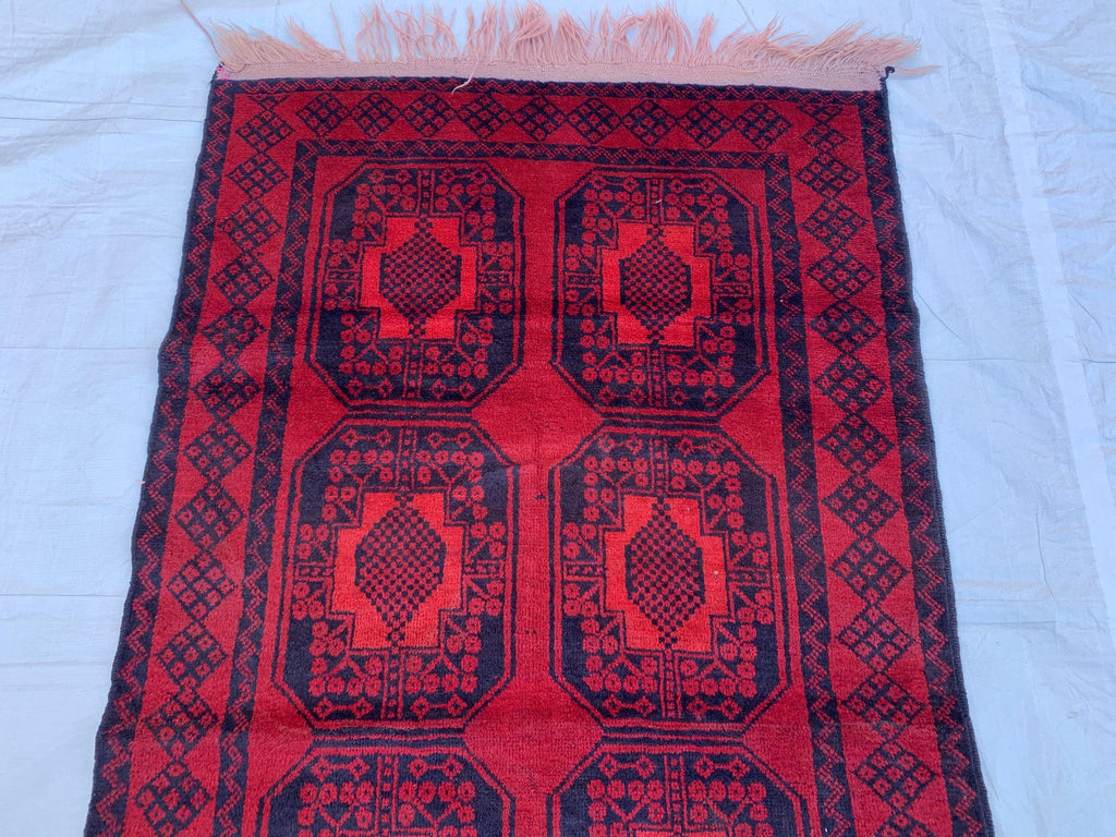 4x7 Vintage Elephant Footprint Rug – Handmade Afghan Wool Carpet with Traditional Tribal Patterns in Rich Navy Blue & Red 3.5x6.7 ft,