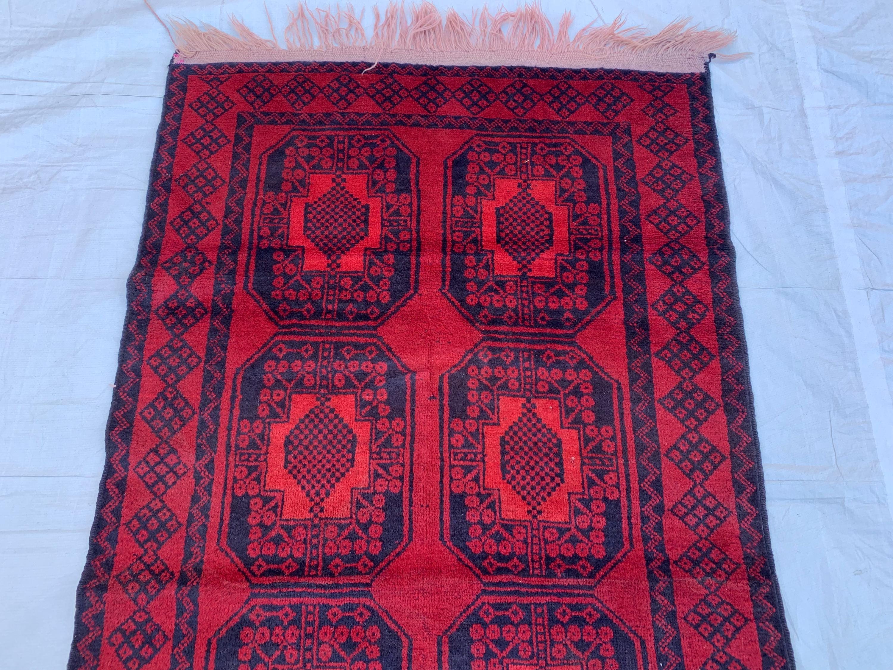 4x7 Vintage Elephant Footprint Rug – Handmade Afghan Wool Carpet with Traditional Tribal Patterns in Rich Navy Blue & Red 3.5x6.7 ft,