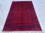 7x10 Sitara Naksha Rug – Handmade Afghan Wool Carpet with Traditional Geometric Patterns in Rich Red & Blue – Living Room Rug 6.6x9.8 ft