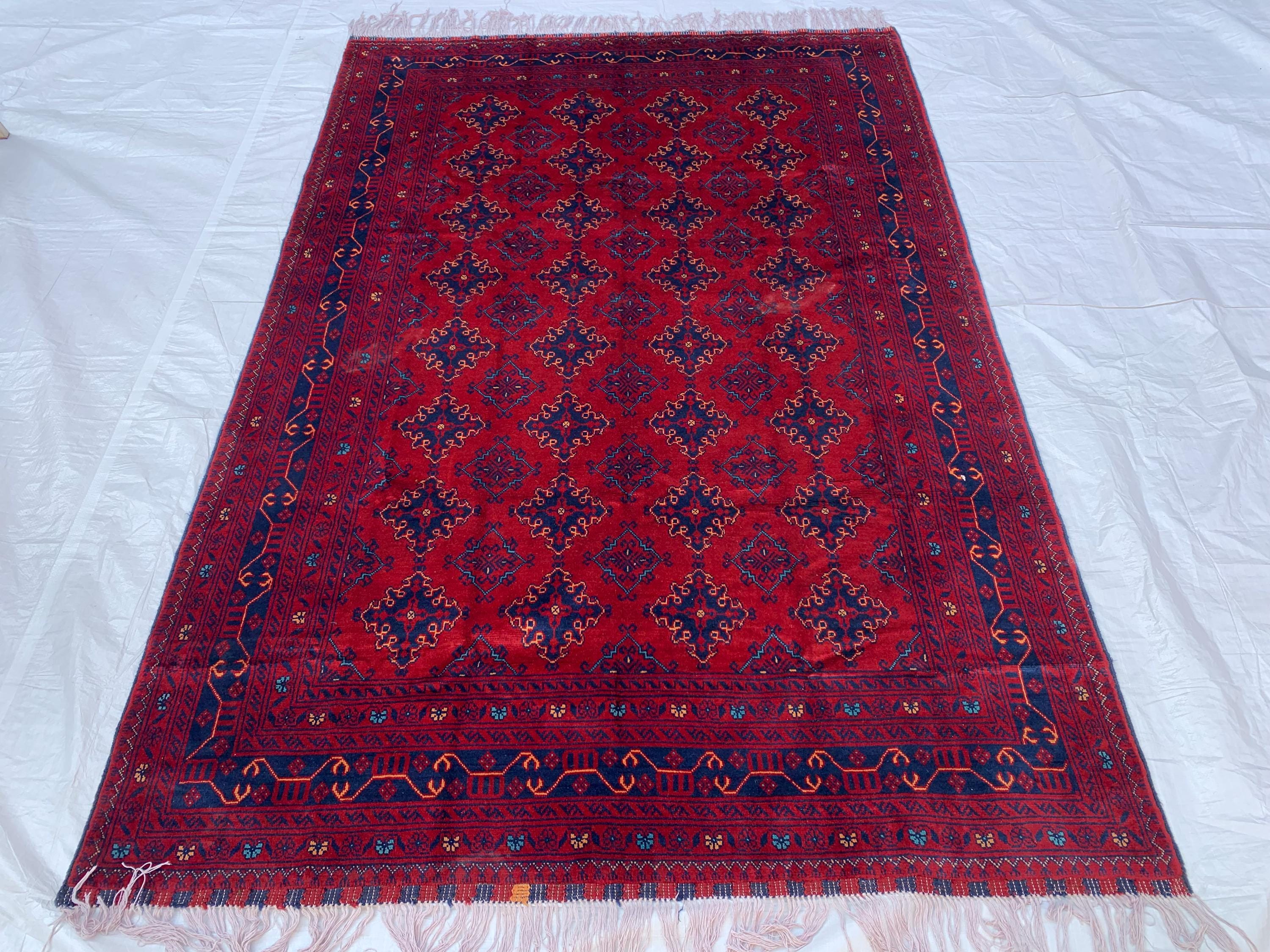 7x10 Sitara Naksha Rug – Handmade Afghan Wool Carpet with Traditional Geometric Patterns in Rich Red & Blue – Living Room Rug 6.6x9.8 ft