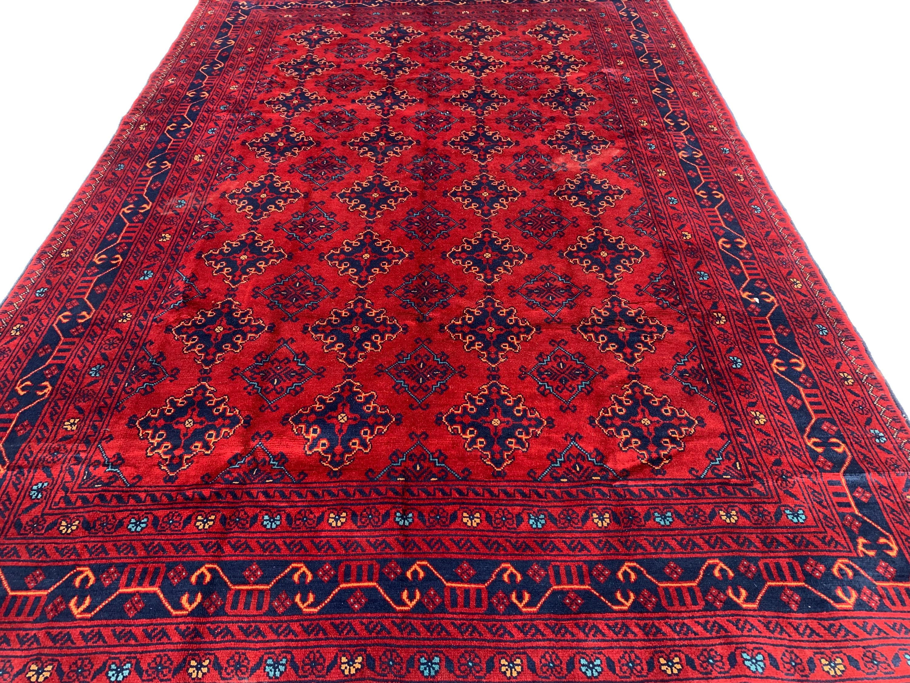 7x10 Sitara Naksha Rug – Handmade Afghan Wool Carpet with Traditional Geometric Patterns in Rich Red & Blue – Living Room Rug 6.6x9.8 ft