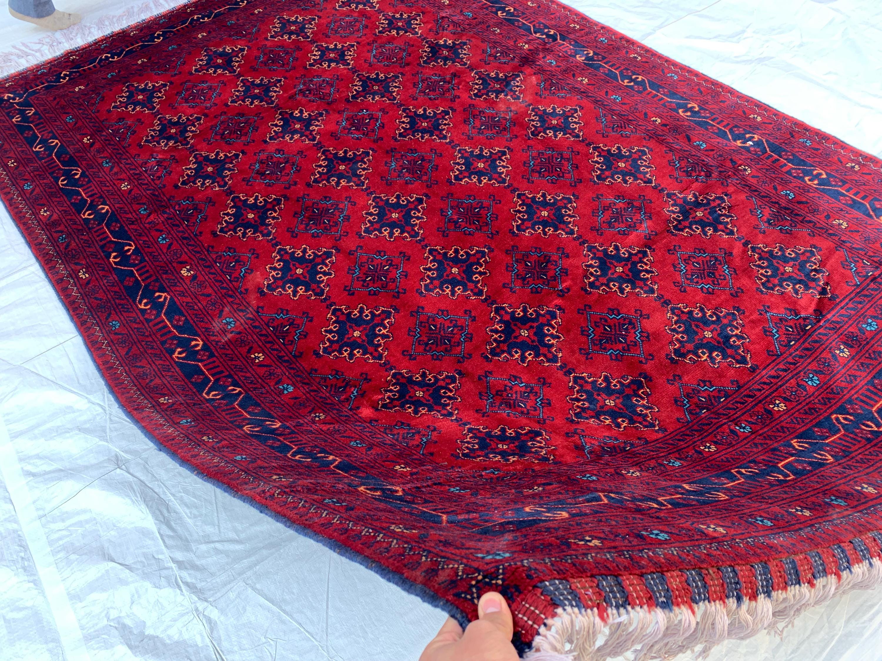 7x10 Sitara Naksha Rug – Handmade Afghan Wool Carpet with Traditional Geometric Patterns in Rich Red & Blue – Living Room Rug 6.6x9.8 ft