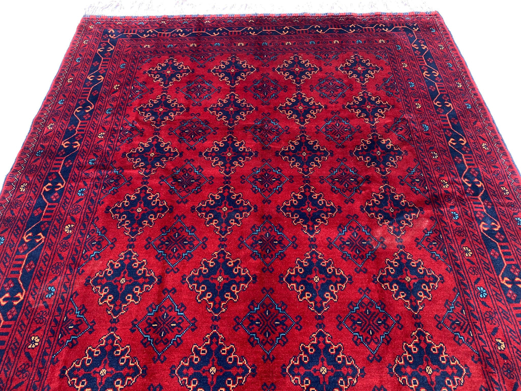 7x10 Sitara Naksha Rug – Handmade Afghan Wool Carpet with Traditional Geometric Patterns in Rich Red & Blue – Living Room Rug 6.6x9.8 ft
