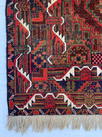 4x7 Vintage Baluchi Rug – Handmade Wool Tribal Carpet with Intricate Symbolic Patterns in Brown, Rust, and White, Living Room Rug 195x113