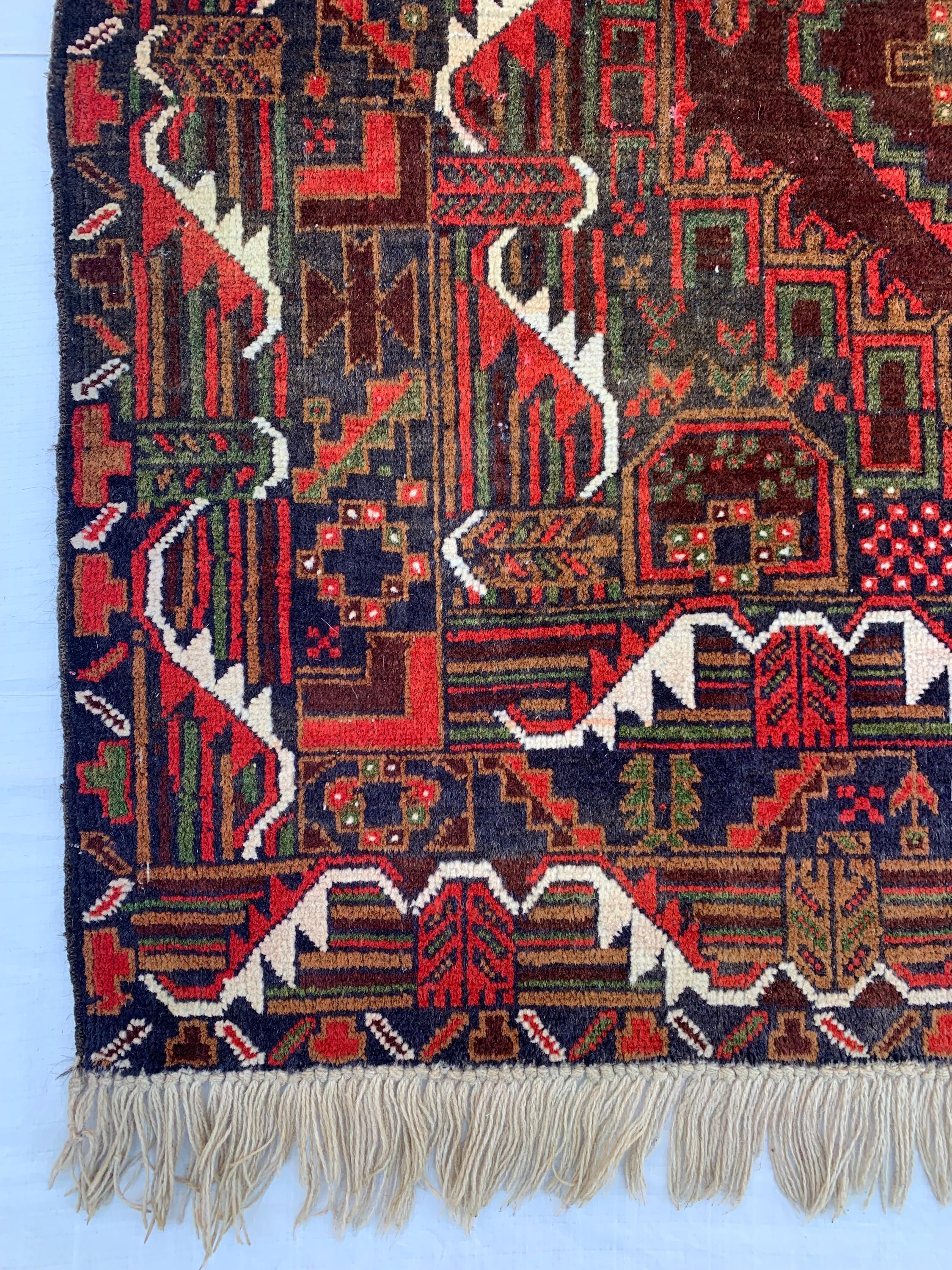 4x7 Vintage Baluchi Rug – Handmade Wool Tribal Carpet with Intricate Symbolic Patterns in Brown, Rust, and White, Living Room Rug 195x113