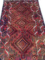 4x7 Vintage Baluchi Rug – Handmade Wool Tribal Carpet with Intricate Symbolic Patterns in Brown, Rust, and White, Living Room Rug 195x113