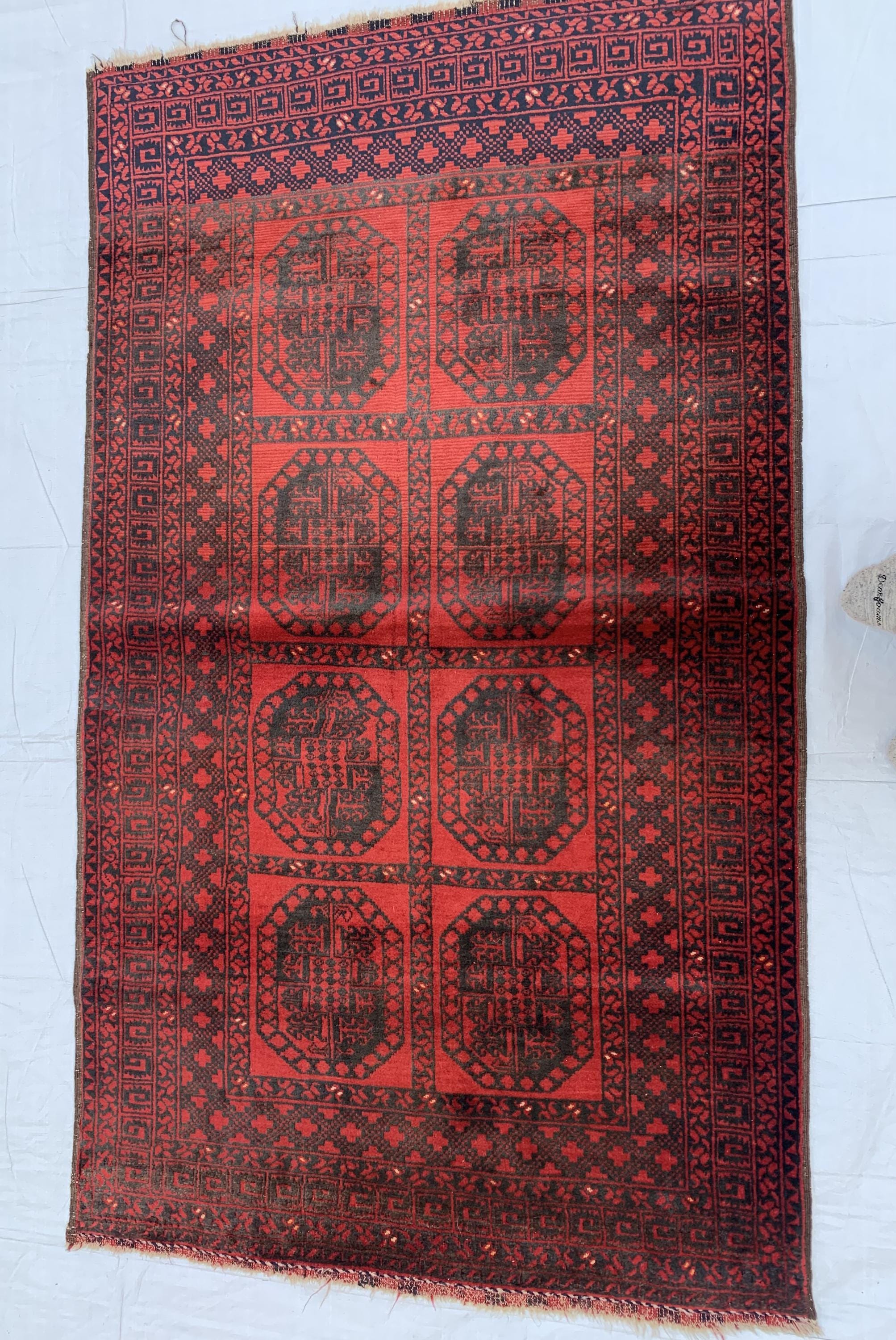 43-Year-Old Afghan Elephant Foot Rug 3.5x5.11 ft | Hand-Knotted Wool Tribal Carpet | Red & Black Vintage Baluch Rug, Collectible Rug 102x178