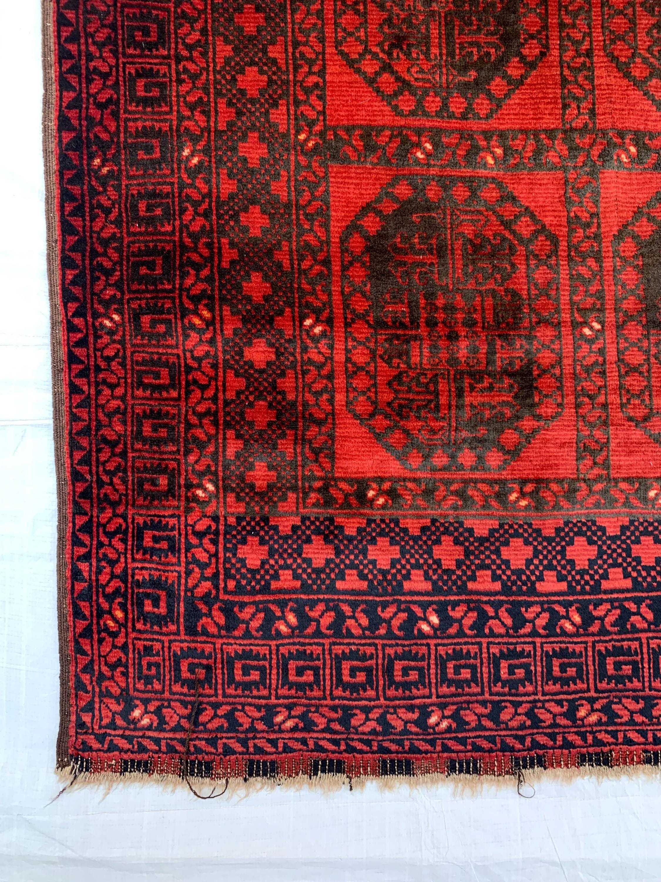 43-Year-Old Afghan Elephant Foot Rug 3.5x5.11 ft | Hand-Knotted Wool Tribal Carpet | Red & Black Vintage Baluch Rug, Collectible Rug 102x178