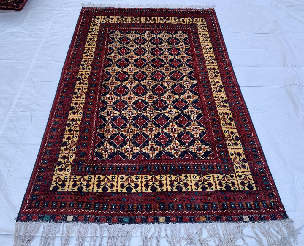 6x10 Large Yousafi Tribal Rug–Turkmen Handwoven Afghan Wool Carpet with Geometric Patterns & Rich Red, Gold Perfect for Living Room, Bedroom