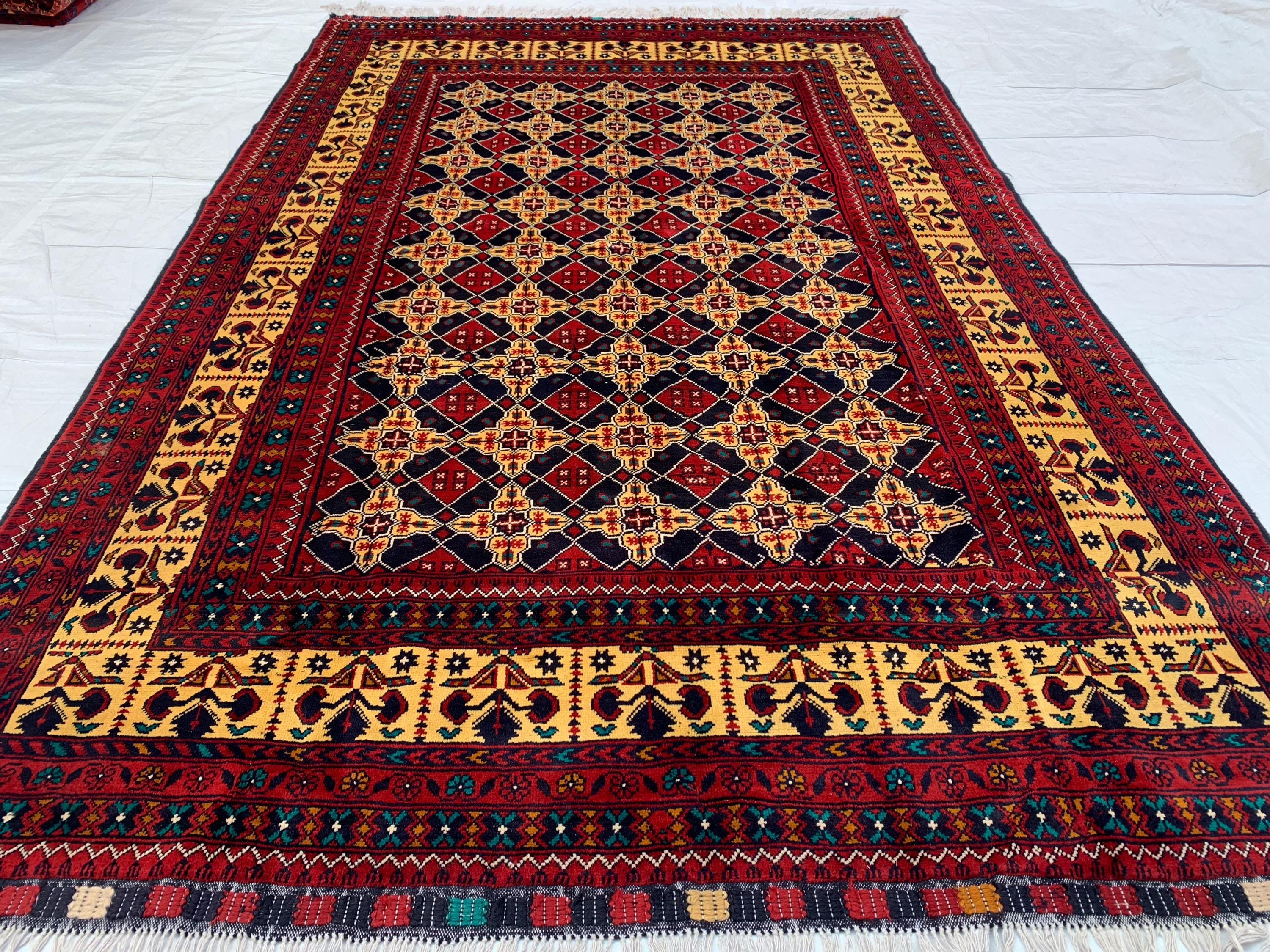 6x10 Large Yousafi Tribal Rug–Turkmen Handwoven Afghan Wool Carpet with Geometric Patterns & Rich Red, Gold Perfect for Living Room, Bedroom