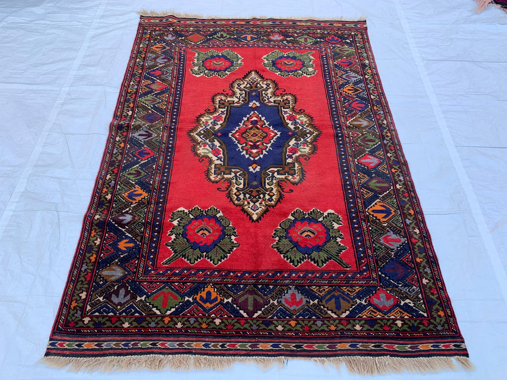 5x7 Vintage Herati Rug – Handmade Afghan Wool Carpet with Intricate Floral Patterns in Red, Green, and Navy Blue – Bedroom Rug 4.3x6.4 ft