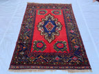 5x7 Vintage Herati Rug – Handmade Afghan Wool Carpet with Intricate Floral Patterns in Red, Green, and Navy Blue – Bedroom Rug 4.3x6.4 ft