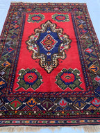 5x7 Vintage Herati Rug – Handmade Afghan Wool Carpet with Intricate Floral Patterns in Red, Green, and Navy Blue – Bedroom Rug 4.3x6.4 ft