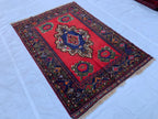 5x7 Vintage Herati Rug – Handmade Afghan Wool Carpet with Intricate Floral Patterns in Red, Green, and Navy Blue – Bedroom Rug 4.3x6.4 ft