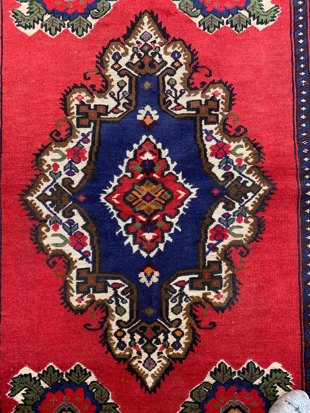 5x7 Vintage Herati Rug – Handmade Afghan Wool Carpet with Intricate Floral Patterns in Red, Green, and Navy Blue – Bedroom Rug 4.3x6.4 ft