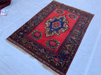 5x7 Vintage Herati Rug – Handmade Afghan Wool Carpet with Intricate Floral Patterns in Red, Green, and Navy Blue – Bedroom Rug 4.3x6.4 ft
