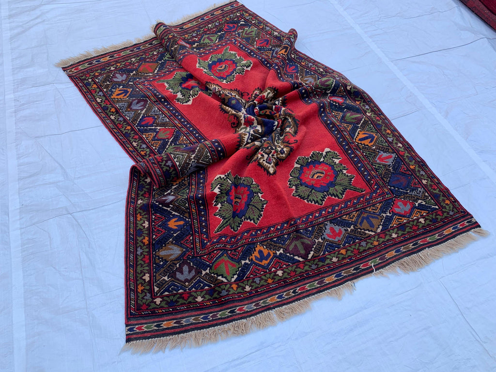 5x7 Vintage Herati Rug – Handmade Afghan Wool Carpet with Intricate Floral Patterns in Red, Green, and Navy Blue – Bedroom Rug 4.3x6.4 ft