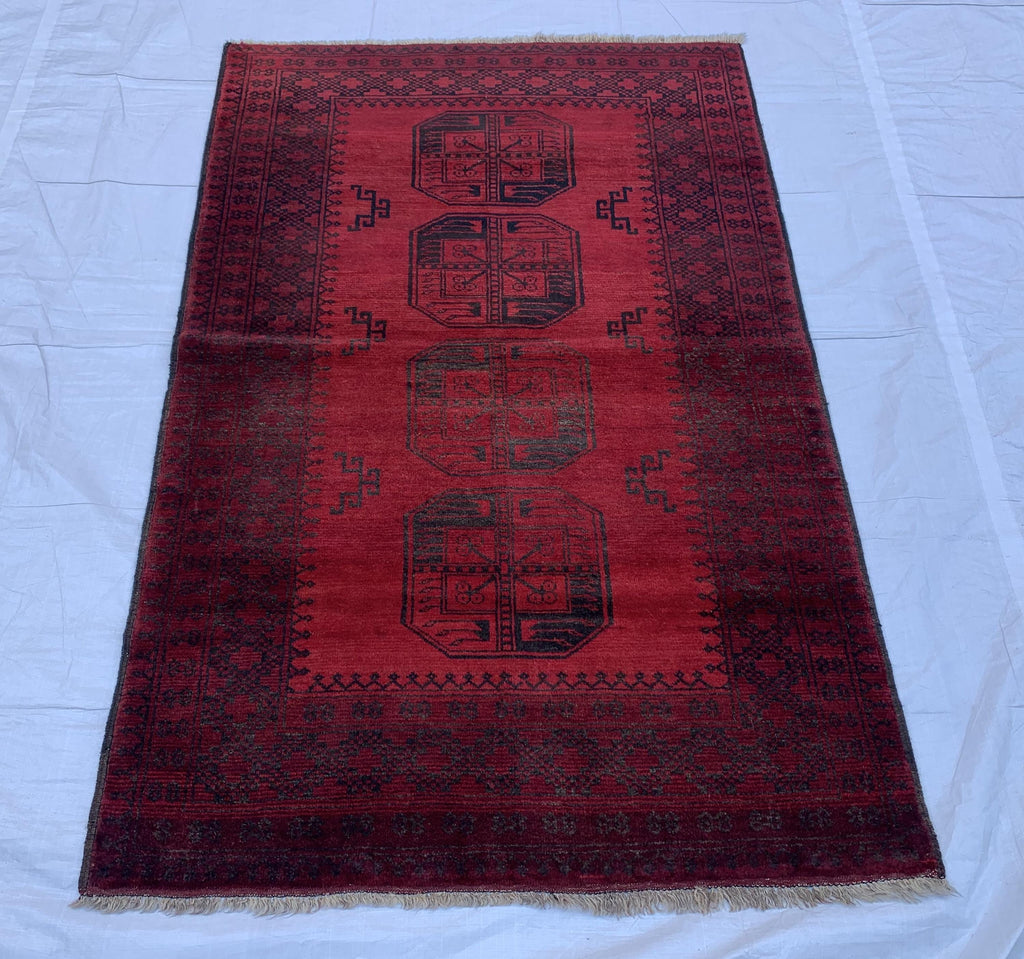 4x6 Collectible Rug Vintage Afghan Elephant Foot Rug | Hand-Knotted Wool Tribal Carpet | Red & Black, Rare Rug. Hallway Rug, 120x186cm