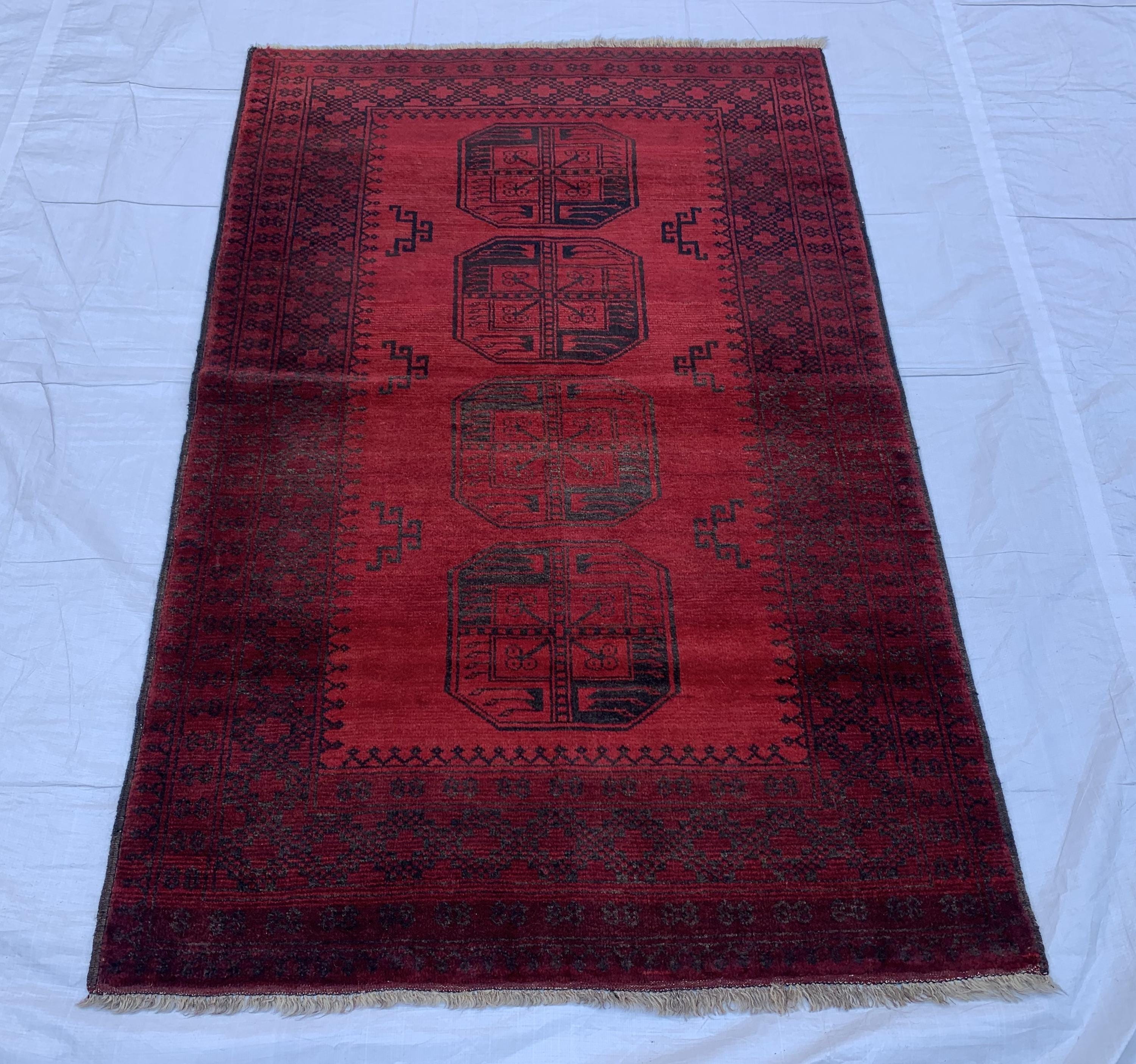 4x6 Collectible Rug Vintage Afghan Elephant Foot Rug | Hand-Knotted Wool Tribal Carpet | Red & Black, Rare Rug. Hallway Rug, 120x186cm