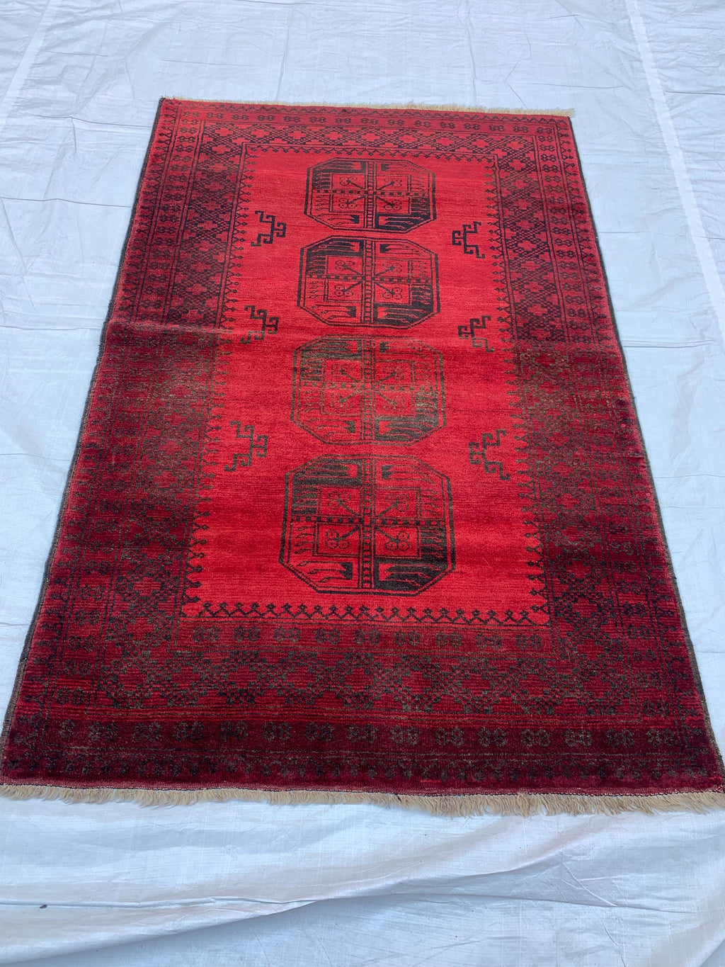 4x6 Collectible Rug Vintage Afghan Elephant Foot Rug | Hand-Knotted Wool Tribal Carpet | Red & Black, Rare Rug. Hallway Rug, 120x186cm