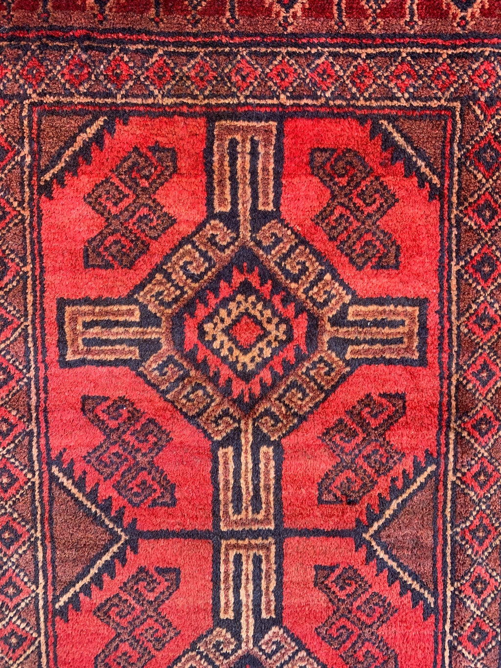 4x7 Vintage Afghan Bokhara Rug–Handmade Wool Carpet with Traditional Geometric Gul Design in Rich Red & Deep Brown, Hallway Rug 3.11x6.7 ft