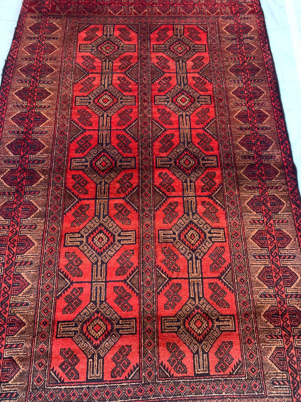 4x7 Vintage Afghan Bokhara Rug–Handmade Wool Carpet with Traditional Geometric Gul Design in Rich Red & Deep Brown, Hallway Rug 3.11x6.7 ft