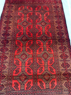 4x7 Vintage Afghan Bokhara Rug–Handmade Wool Carpet with Traditional Geometric Gul Design in Rich Red & Deep Brown, Hallway Rug 3.11x6.7 ft