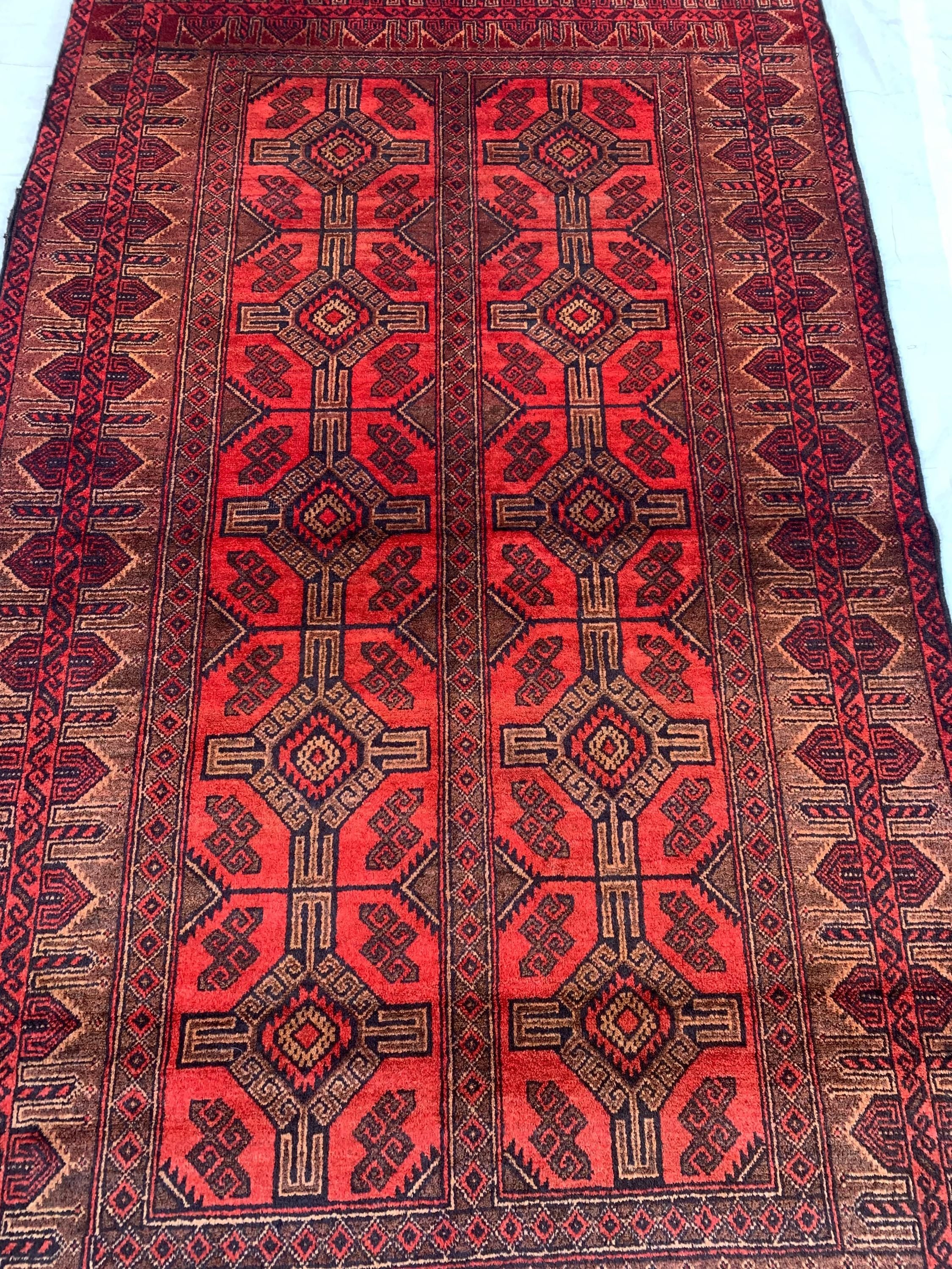 4x7 Vintage Afghan Bokhara Rug–Handmade Wool Carpet with Traditional Geometric Gul Design in Rich Red & Deep Brown, Hallway Rug 3.11x6.7 ft