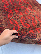 4x7 Vintage Afghan Bokhara Rug–Handmade Wool Carpet with Traditional Geometric Gul Design in Rich Red & Deep Brown, Hallway Rug 3.11x6.7 ft