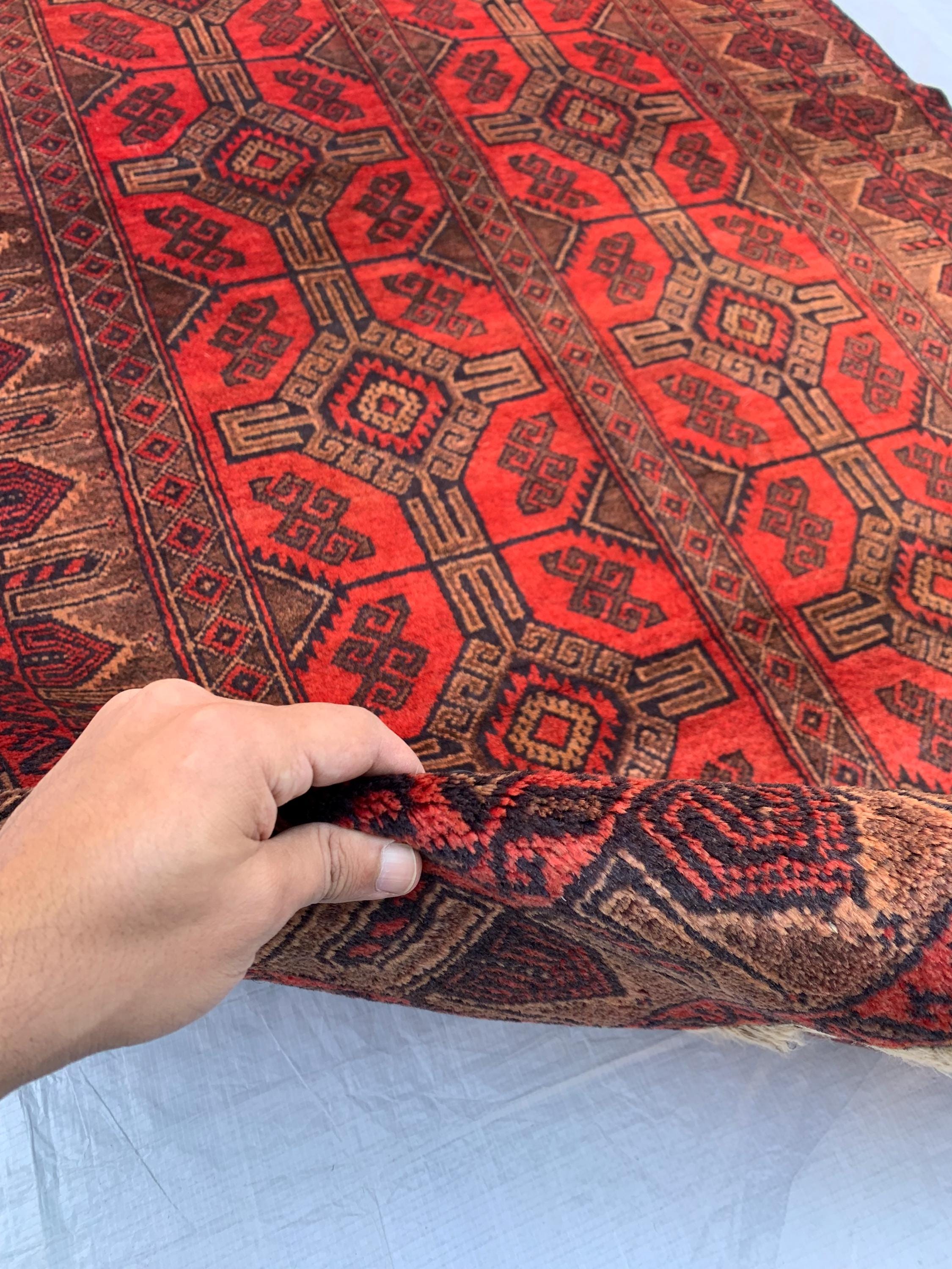 4x7 Vintage Afghan Bokhara Rug–Handmade Wool Carpet with Traditional Geometric Gul Design in Rich Red & Deep Brown, Hallway Rug 3.11x6.7 ft