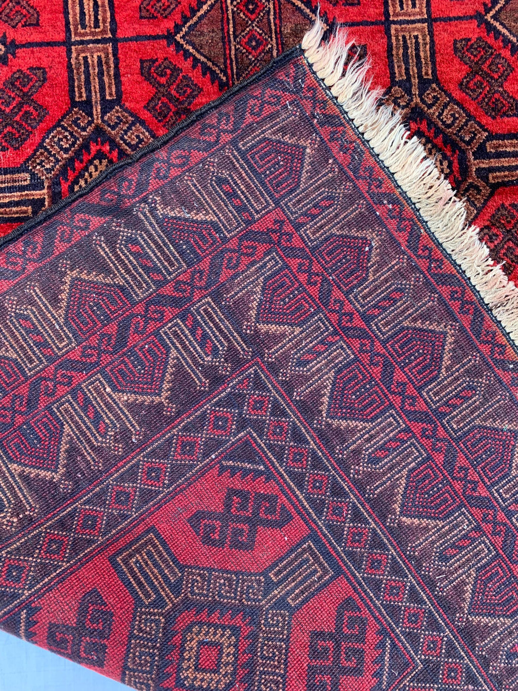 4x7 Vintage Afghan Bokhara Rug–Handmade Wool Carpet with Traditional Geometric Gul Design in Rich Red & Deep Brown, Hallway Rug 3.11x6.7 ft