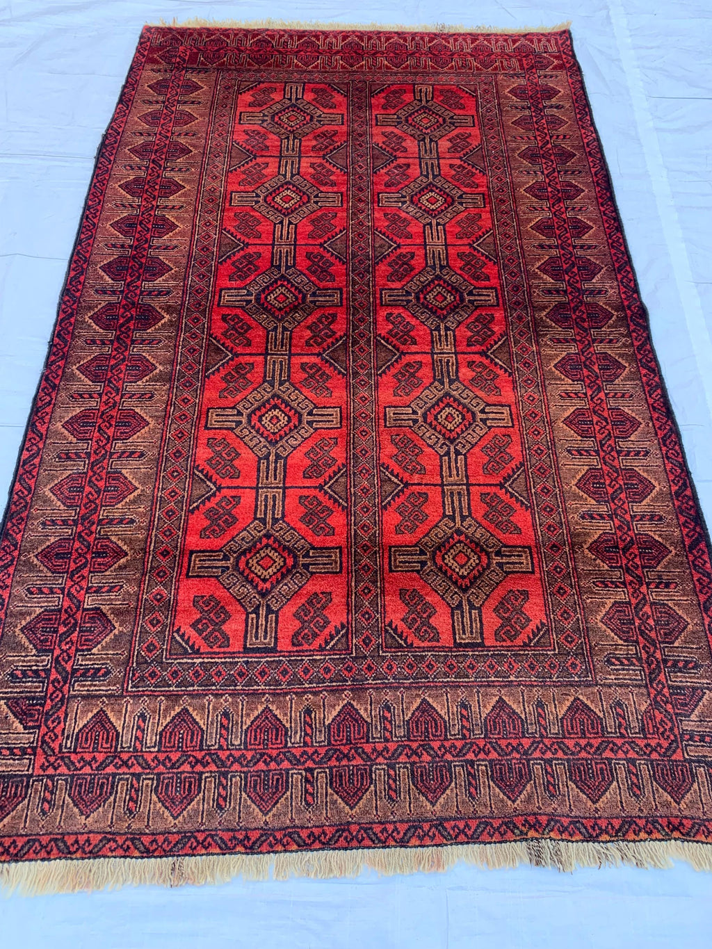 4x7 Vintage Afghan Bokhara Rug–Handmade Wool Carpet with Traditional Geometric Gul Design in Rich Red & Deep Brown, Hallway Rug 3.11x6.7 ft