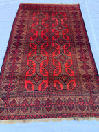 4x7 Vintage Afghan Bokhara Rug–Handmade Wool Carpet with Traditional Geometric Gul Design in Rich Red & Deep Brown, Hallway Rug 3.11x6.7 ft