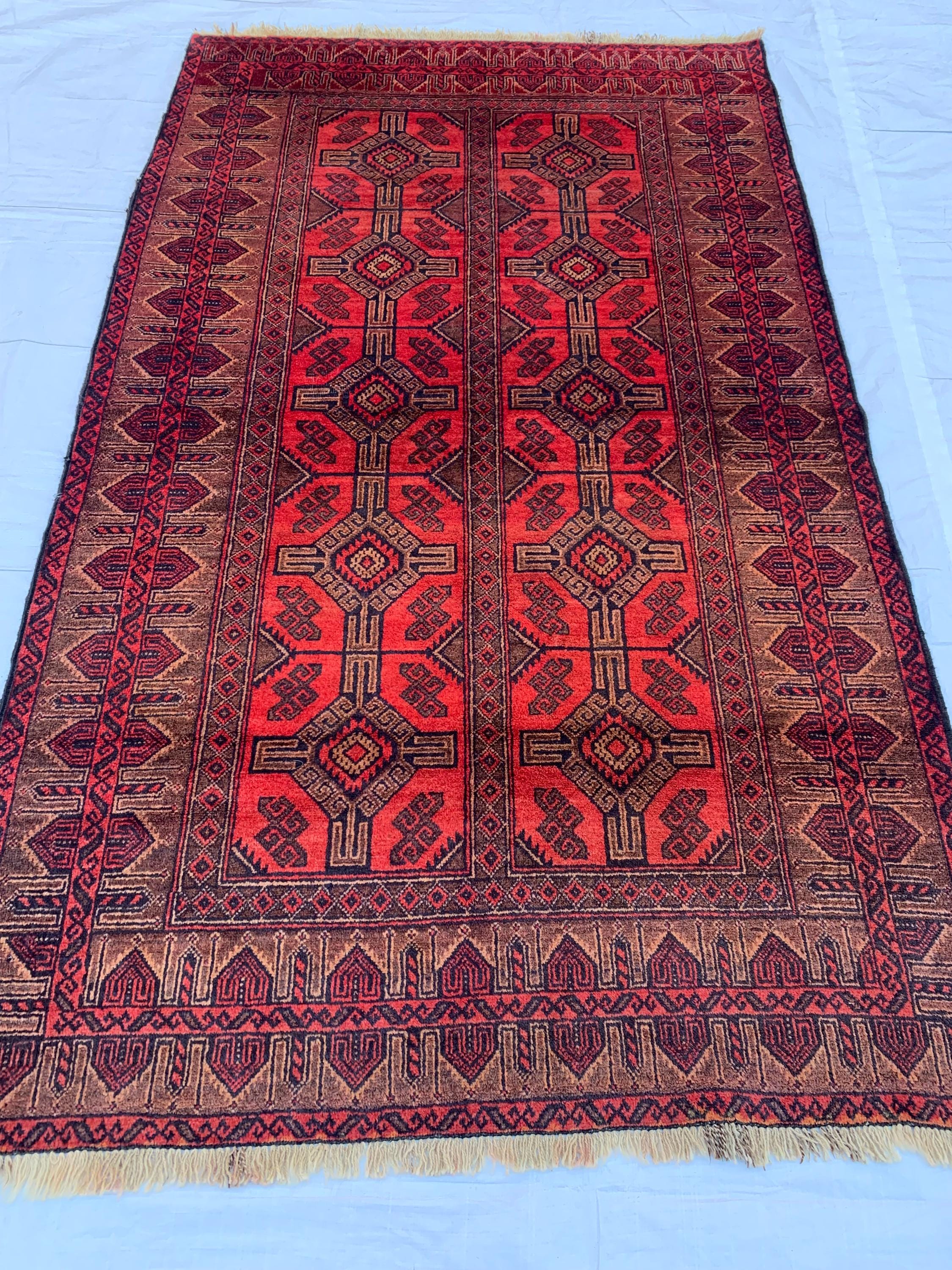 4x7 Vintage Afghan Bokhara Rug–Handmade Wool Carpet with Traditional Geometric Gul Design in Rich Red & Deep Brown, Hallway Rug 3.11x6.7 ft
