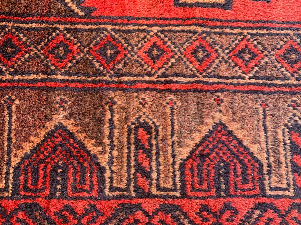 4x7 Vintage Afghan Bokhara Rug–Handmade Wool Carpet with Traditional Geometric Gul Design in Rich Red & Deep Brown, Hallway Rug 3.11x6.7 ft
