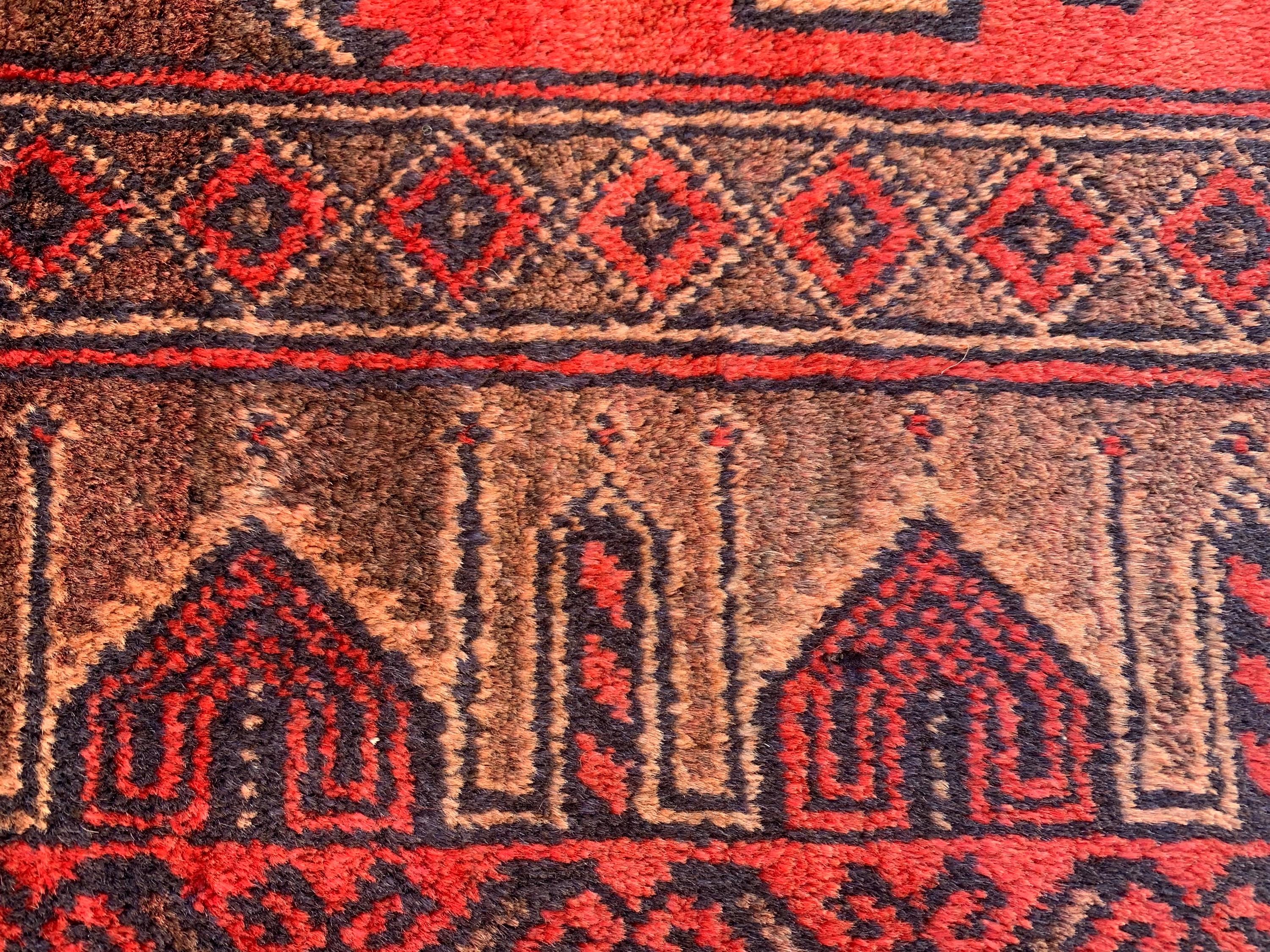 4x7 Vintage Afghan Bokhara Rug–Handmade Wool Carpet with Traditional Geometric Gul Design in Rich Red & Deep Brown, Hallway Rug 3.11x6.7 ft