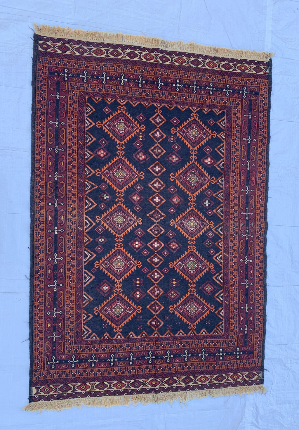 5x7 Vintage Surma Kilim – Handmade Afghan Flatweave Rug with Bold Geometric Patterns in Brown & Black – Living Room Rug, Rustic 4.7x6.7 ft