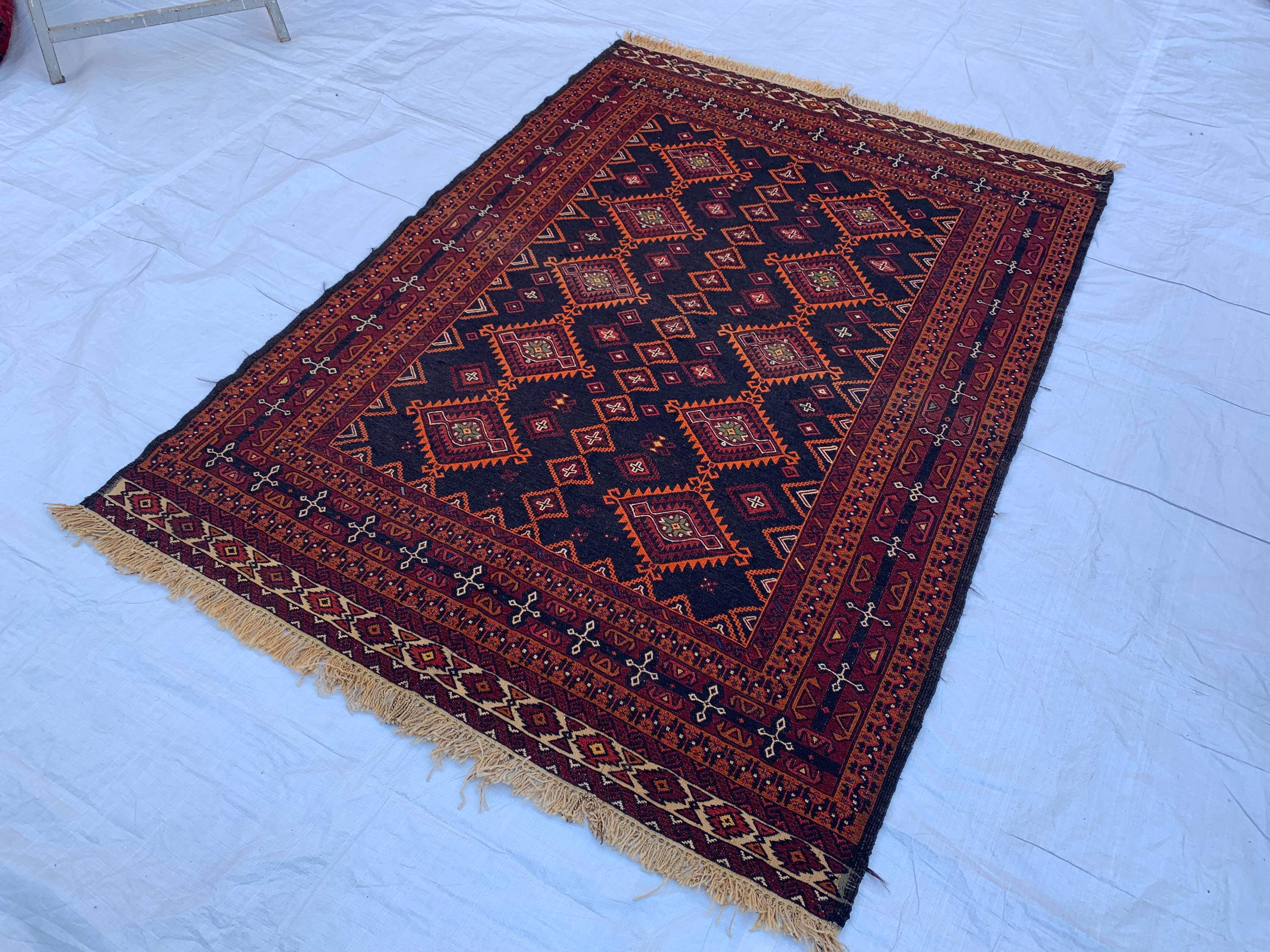 5x7 Vintage Surma Kilim – Handmade Afghan Flatweave Rug with Bold Geometric Patterns in Brown & Black – Living Room Rug, Rustic 4.7x6.7 ft