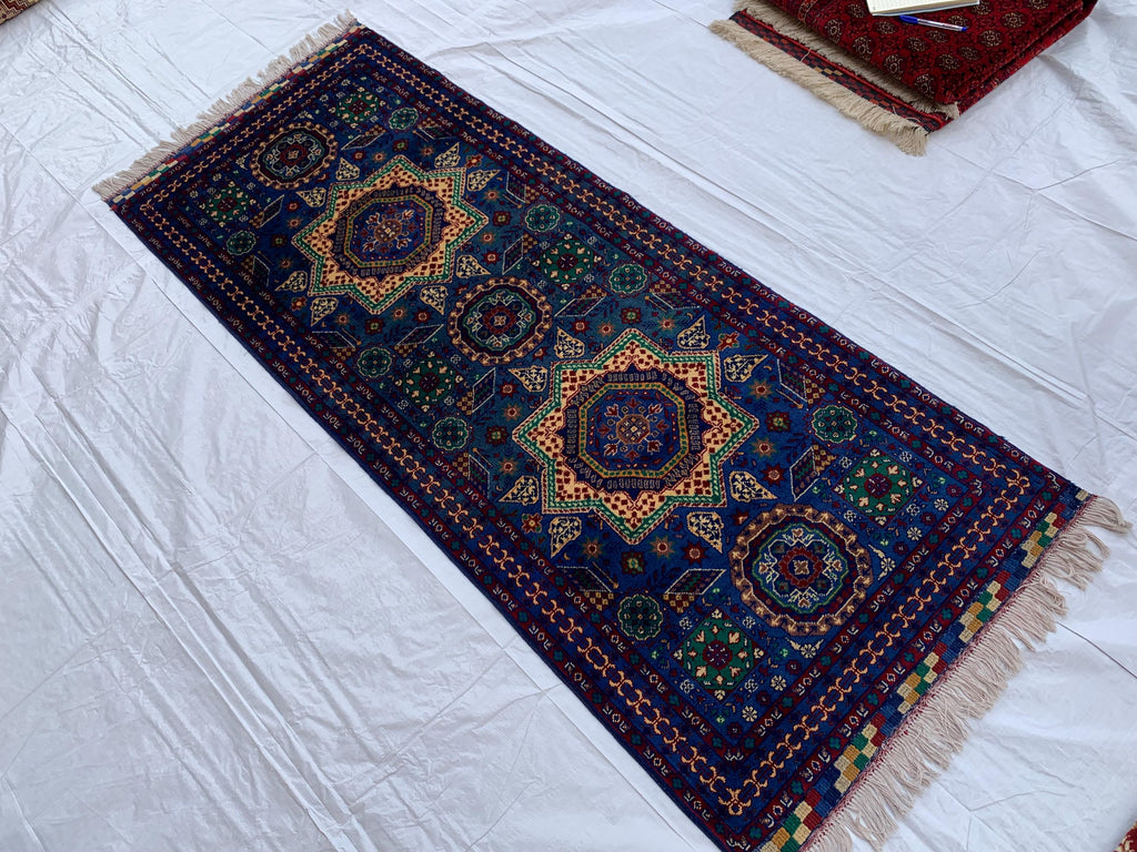 7x3 Handmade Afghan Navy Blue Sitara Naksha Runner | Wool Tribal Hallway Rug | Oriental Runner | Boho Home Decor Carpet 6.7x2.8 ft